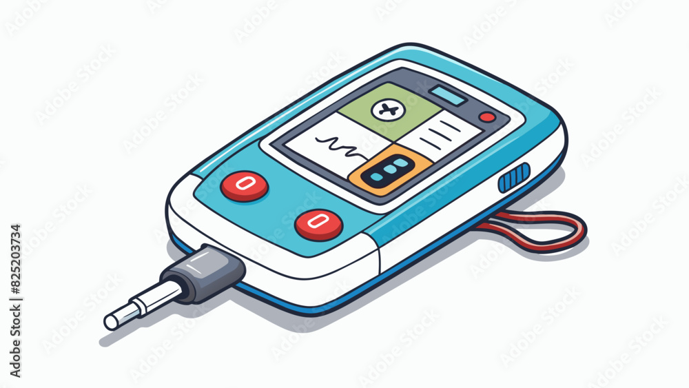 Aufkleber A small handheld device with a digital screen displays a patients vital signs in realtime. The numbers and graphs are clear and easy to read providing. Cartoon Vector.