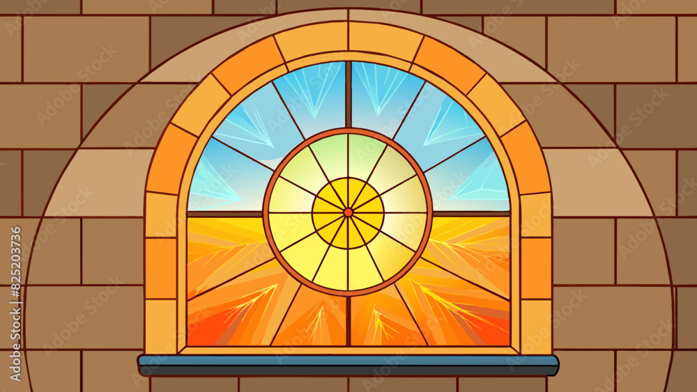 Poster A small circular window with a metal frame and stained glass panels. The glass is textured and emits a warm colorful glow when the sun shines through.. Cartoon Vector.