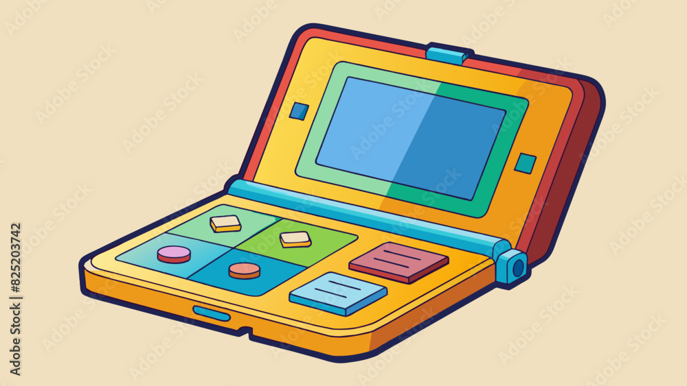 Fototapete A small handheld gadget with a folding screen and a stylus attached to the side. The screen has vibrant colors and can display multiple screens at. Cartoon Vector.