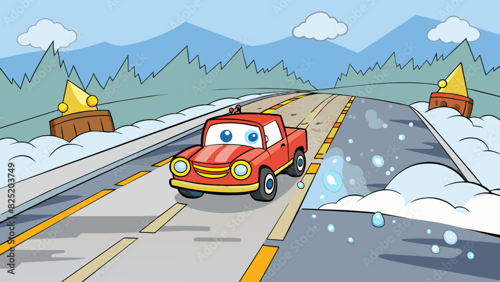 Poster a slippery road covered with thick fog posing the risk of a car accident due to poor visibility.. ca