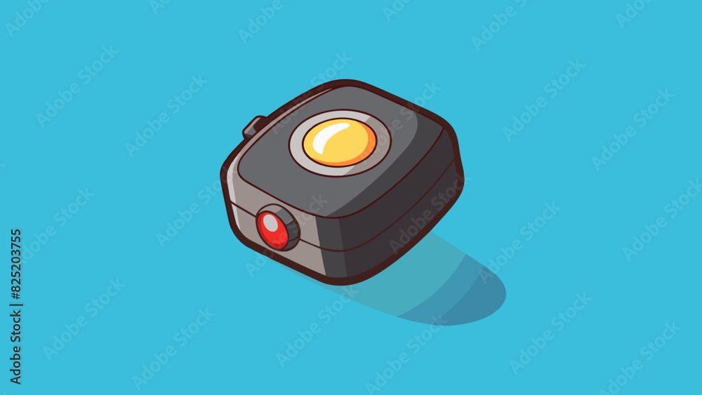 Poster A small compact object with a matte black finish and a single button on the top. When activated it produces a bright light and a low humming noise.. Cartoon Vector.