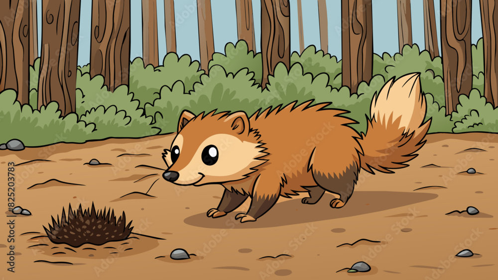 Poster A small furry animal scurries along the forest floor its fluffy tail twitching behind it. Its tiny paws leave little tracks in the damp soil as it. Cartoon Vector.