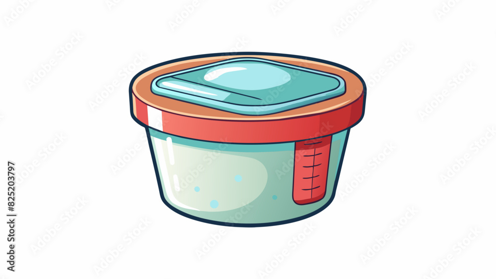 Poster A small plastic container with a lid used to store and measure cooking ingredients. The objects characteristic is that it holds a standardized amount. Cartoon Vector.
