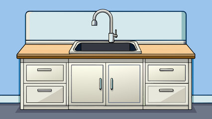 A small kitchen with white cabinets and a black marble countertop. The cabinets have simple silver handles and the countertop has a smooth and glossy. Cartoon Vector.