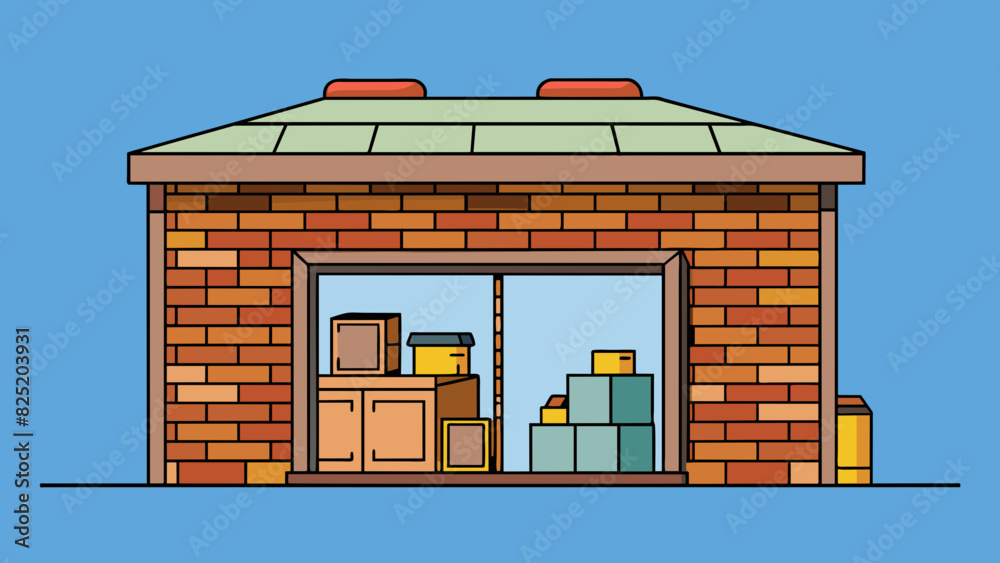 Fototapete A small square building made of bricks with a flat roof and two large openings on one wall. Inside there are shelves and crates filled with various. Cartoon Vector.