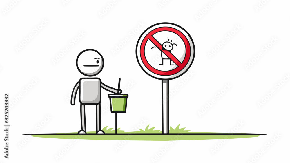 Poster A small round sign featuring a stick figure holding a trash bin and a red circle with a diagonal line across it. The sign is made of plastic and is. Cartoon Vector.