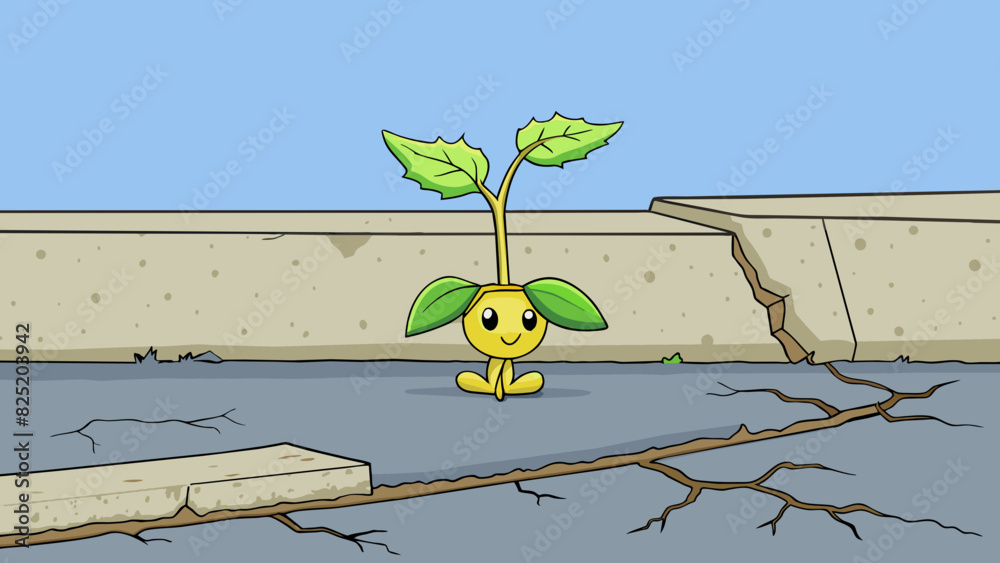 Wall mural A small sapling growing in the crack of a concrete sidewalk its delicate roots reaching out to find purchase in the unforgiving environment. Despite. Cartoon Vector.