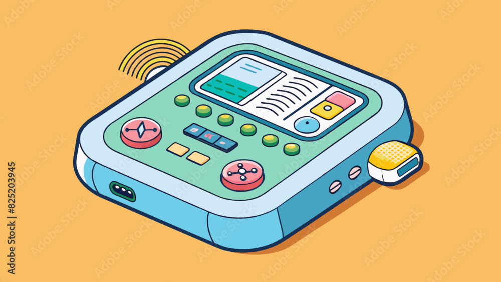 Aufkleber A small square box with multiple buttons and a digital display. It has a builtin microphone and speaker and can be used for voice commands and making. Cartoon Vector.
