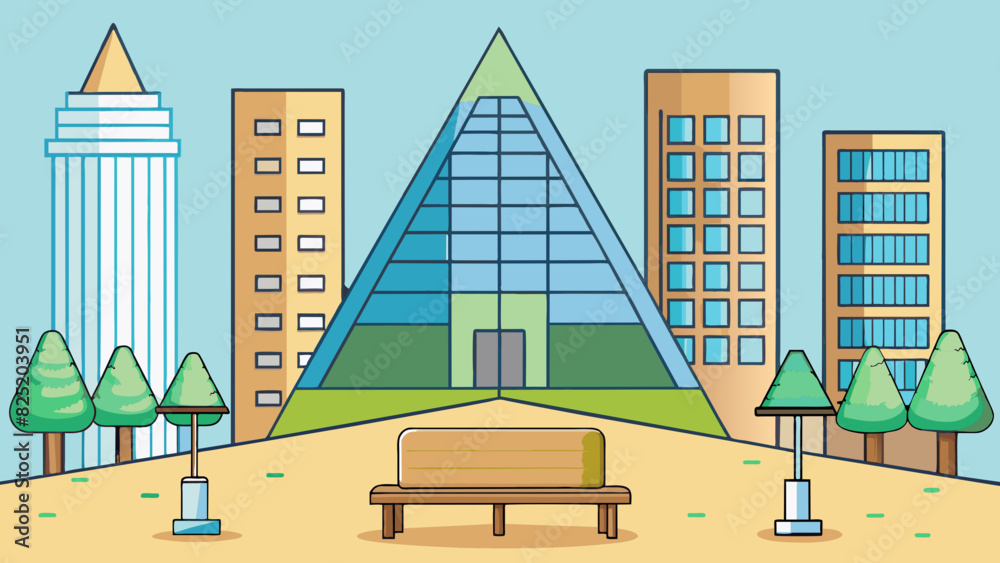 Poster A small triangular lot nestled between two tall buildings. A bench sits in one corner offering a peaceful retreat from the bustling city streets.. Cartoon Vector.