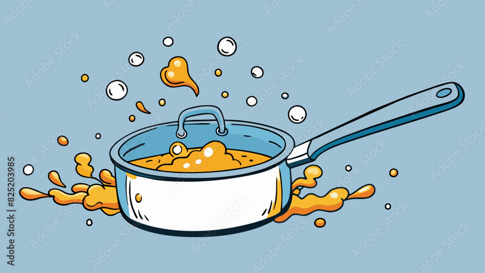 Poster A small saucepan left unattended on the stove with the contents inside boiling and splattering over the sides. The surface of the liquid is chaotic. Cartoon Vector.