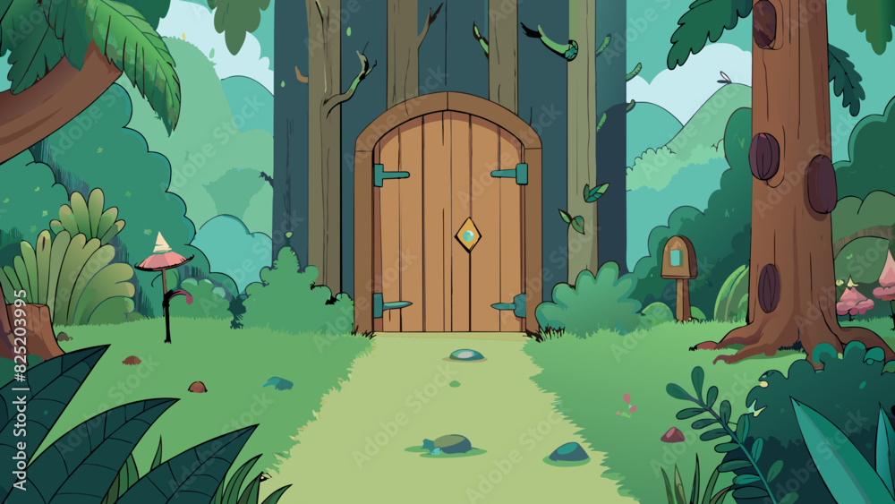 Poster a small wooden door hidden deep in the heart of a dense forest beyond which lies a magical world of 