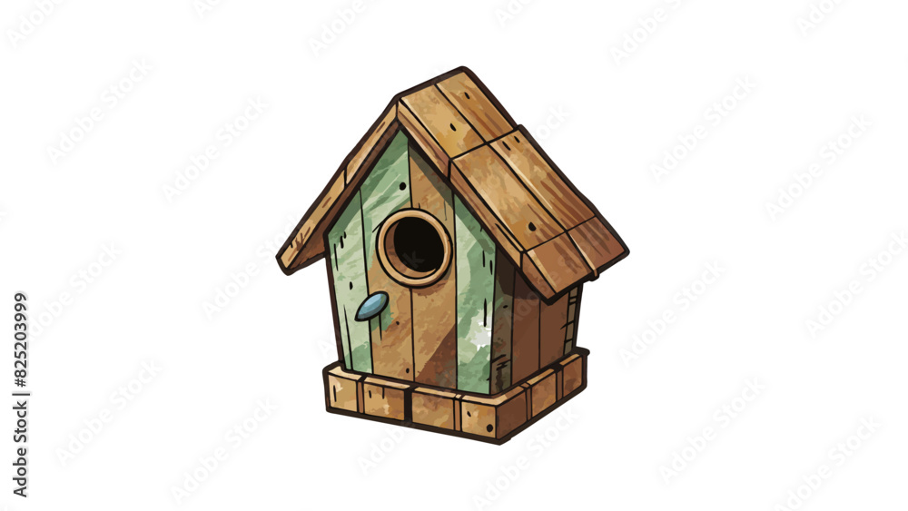 Poster A small wooden birdhouse weathered from years of exposure with chipped paint and a tiny circular hole in the front for birds to enter.. Cartoon Vector.