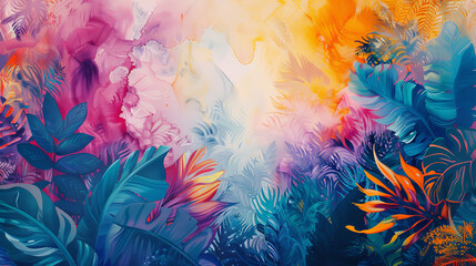 A colorful abstract artwork with fluid forms and tropical hues, evoking the lushness and vibrancy of a tropical jungle.