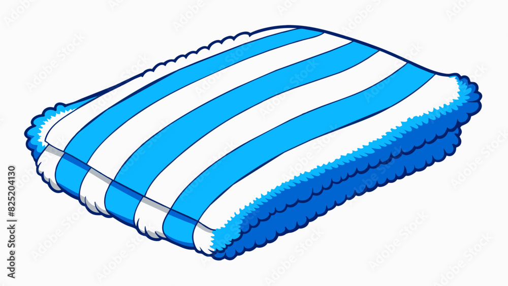 Poster A soft fluffy towel made from absorbent cotton with a vibrant pattern of stripes in different shades of blue.. Cartoon Vector.