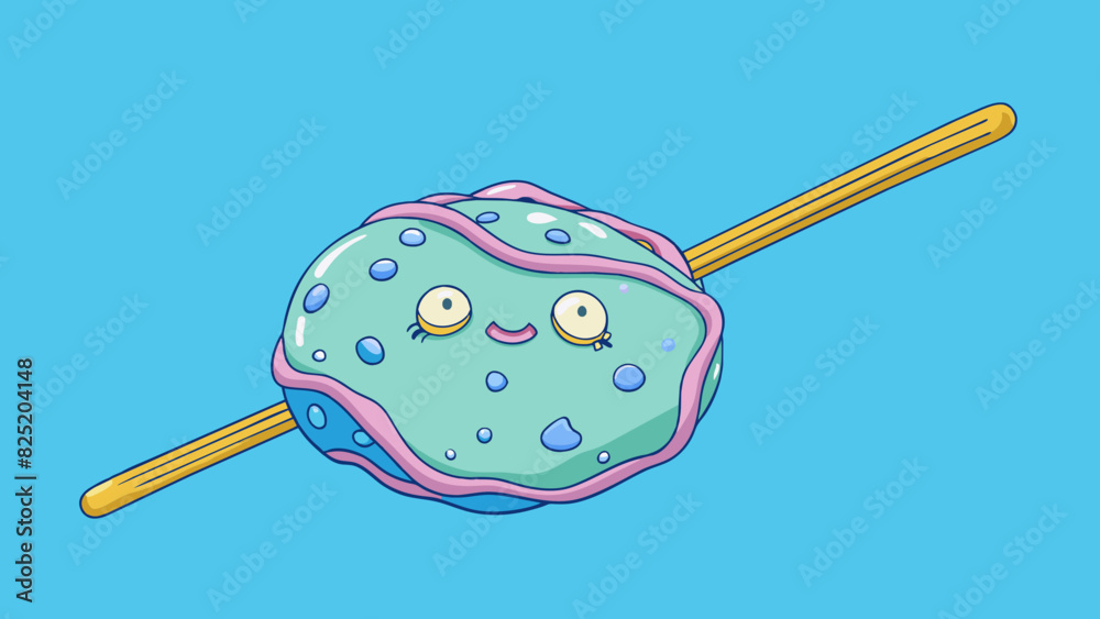 Poster A soft squishy object with a small indentation in the center and two long strands protruding from the top resembling a water balloon with two straws.. Cartoon Vector.