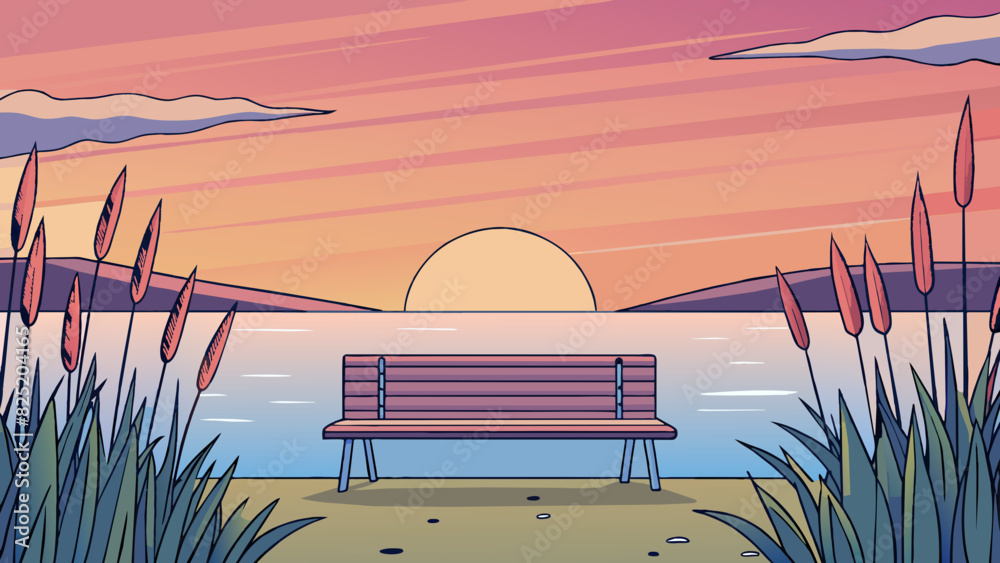 Poster a solitary bench at the edge of a tranquil lake surrounded by tall reeds swaying in the breeze. the 