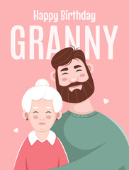 Happy birthday granny. Greeting card with flat characters. A grandmother and her grandson. Vector illustration.