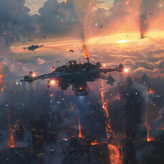 spaceship flying over a city with a lot of smoke and fire