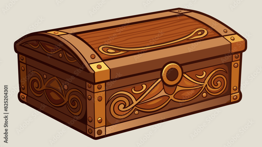Poster A square box with a hinged lid and intricate patterns etched on all sides. It is made of wood and has a rich deep brown color with a glossy finish.. Cartoon Vector.