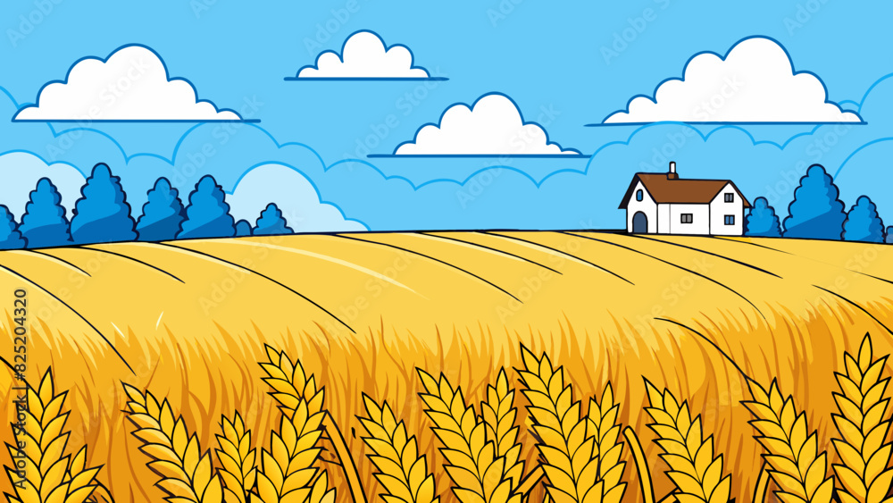 Poster a sprawling field filled with golden wheat swaying in the wind with a small farmhouse sitting at the