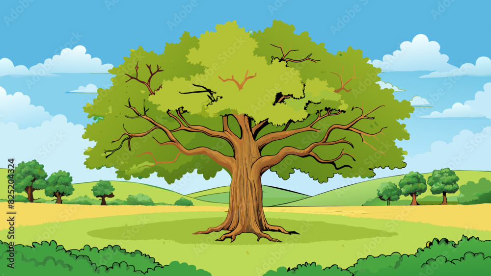 Poster A sprawling oak tree in the middle of a vast field its strong gnarled branches dwarfing all other vegetation that surrounds it.. Cartoon Vector.