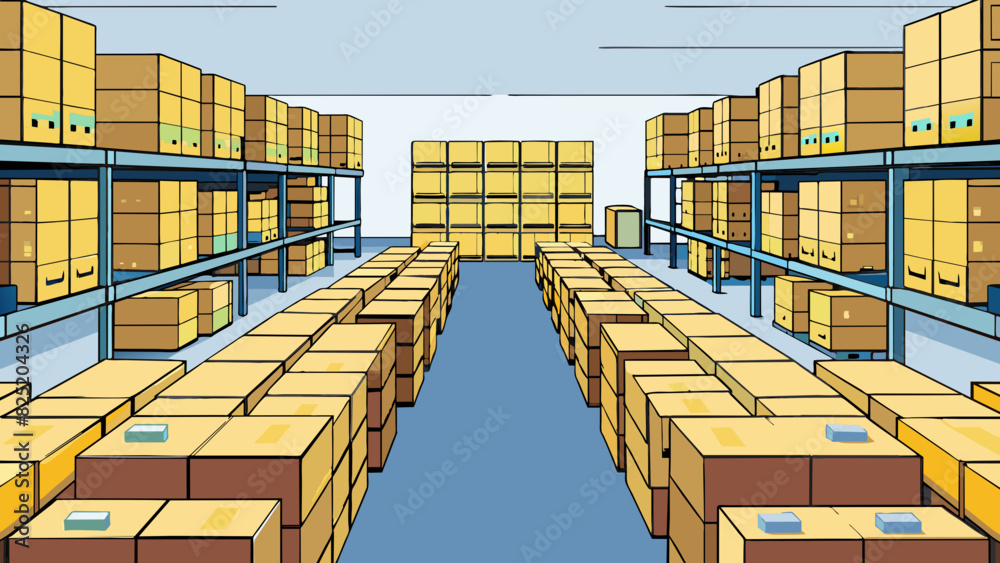 Poster A sprawling warehouse filled to the brim with rows upon rows of neatly stacked boxes. Each box contains valuable inventory a tangible representation. Cartoon Vector.