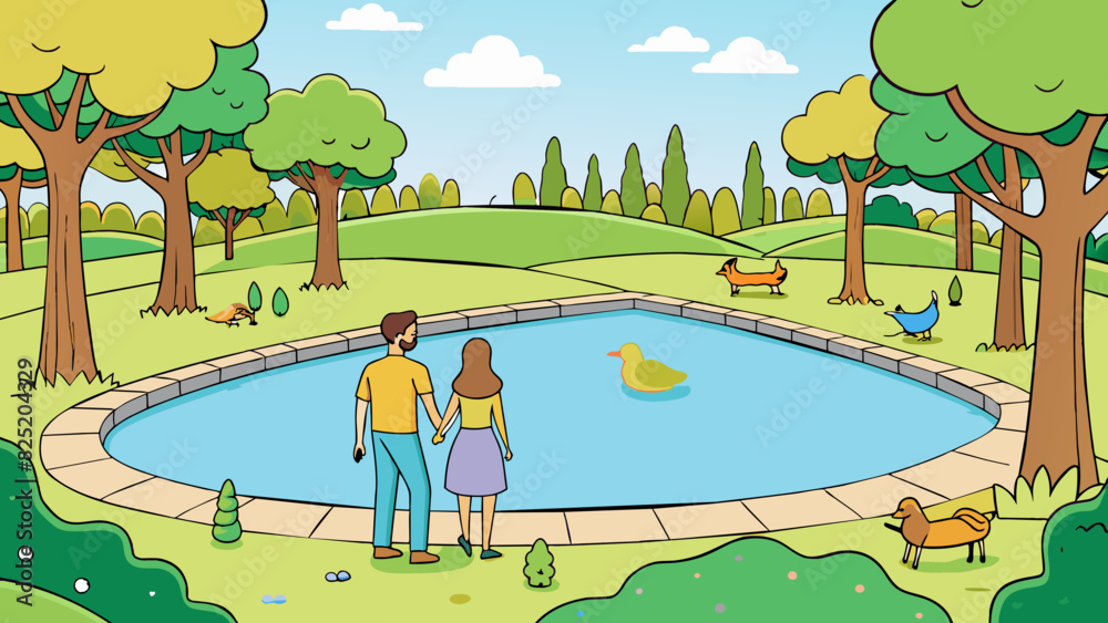Poster a sprawling park with lush green trees and a large pond at the center. couples strolling hand in han