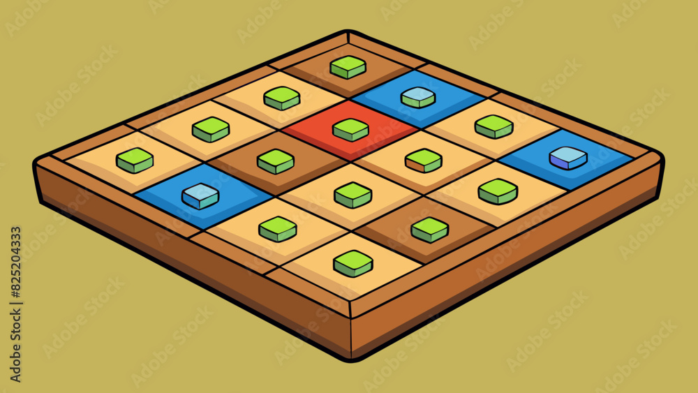 Poster A square wooden game board with different colored squares and pieces. The objective is to strategically move the pieces to capture the opponents. Cartoon Vector.