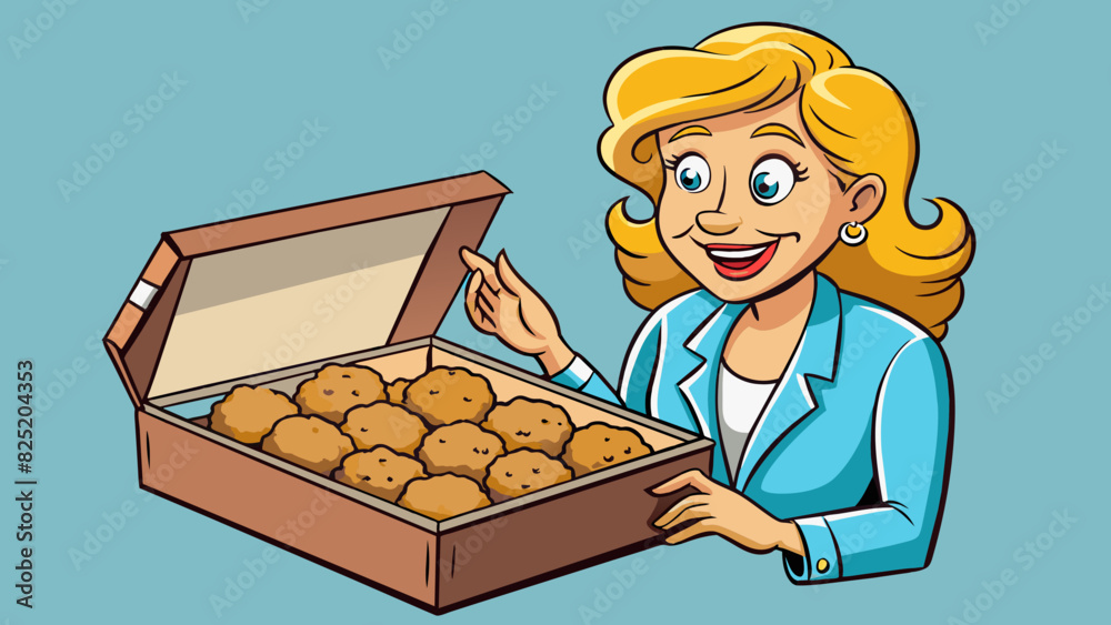 Poster as she od the box she was met with the strong scent of freshly baked cookies. the cookies were still