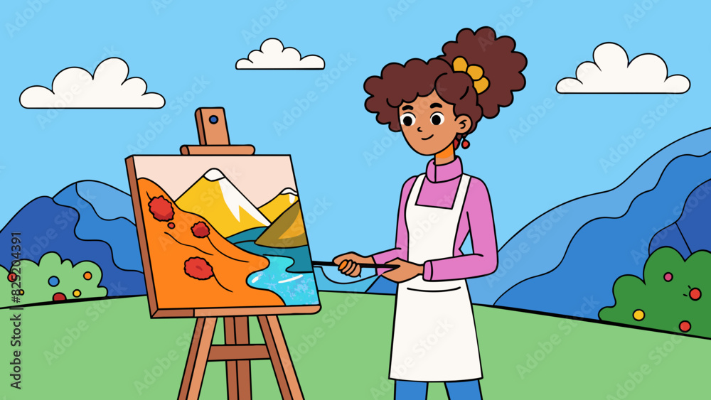 Poster as she stands in front of a canvas a ladys paintbrush strokes create a breathtaking landscape. her a