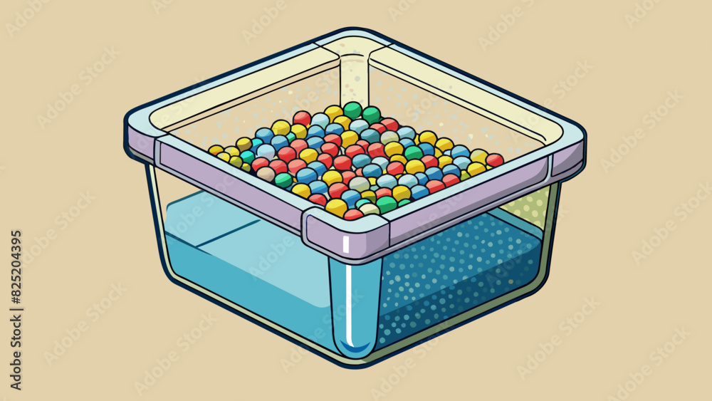 Poster A squareshaped container made of clear plastic filled with tiny colorful beads that shift and move when shaken.. Cartoon Vector.
