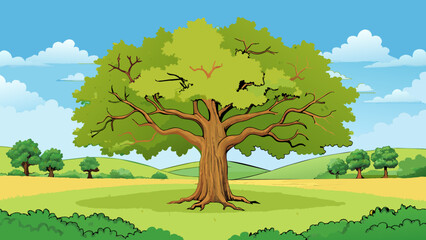 A sprawling oak tree in the middle of a vast field its strong gnarled branches dwarfing all other vegetation that surrounds it.. Cartoon Vector.