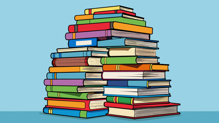 A stack of a million books reaching high into the sky their spines displaying a kaleidoscope of colors and titles.. Cartoon Vector.
