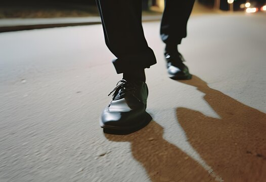 Close Up Of Walking Feets In Dark Spooky Night Police Crime Observation Criminal Drug Dealer, Generative AI