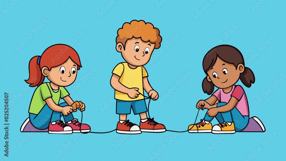Poster As the children practice every day they will eventually learn how to tie their shoes perfectly on their own.. Cartoon Vector.