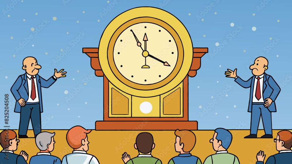Poster as the council members debate and deliberate a large grand clock ticks incessantly on the wall. its 