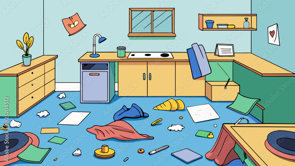 Poster a state of chaos the object is a messy room with clothes thrown all over the floor papers tered on t