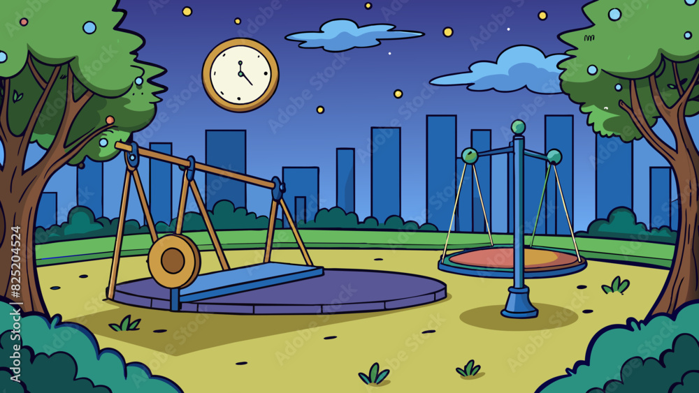 Canvas Prints As the clock ticked closer to midnight the once bustling park was now eerily quiet and empty. The swings swayed slowly in the late breeze casting long. Cartoon Vector.