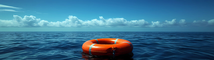 An orange lifebuoy gently floats on the expansive open sea, its bright color starkly contrasting with the endless blue waters, symbolizing hope and safety amid the serene isolation