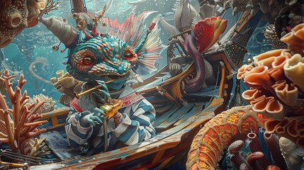 Fototapeta premium Cute fantasy creature playing a trumpet on a shipwreck