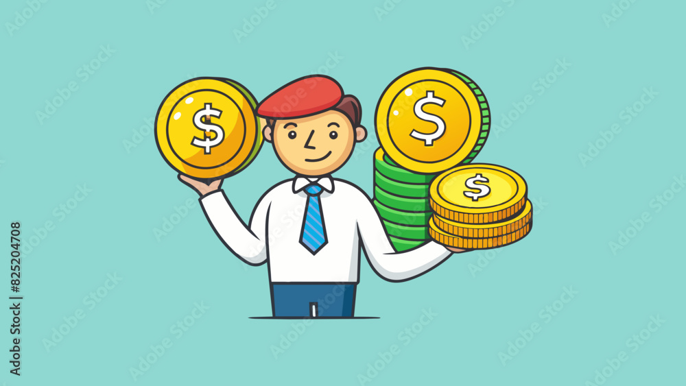 Poster A stock image of a hand holding several coins of different denominations to represent a paycheck symbolizing the variety and flexibility of pay. Cartoon Vector.