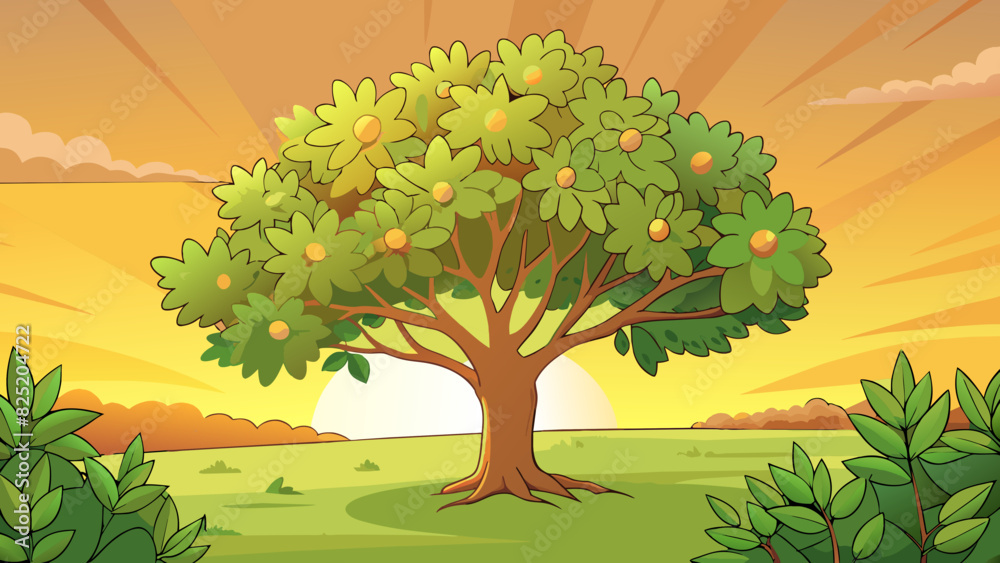 Poster as the sun set the warm glow of the golden light illuminated the soft green leaves of the blooming t