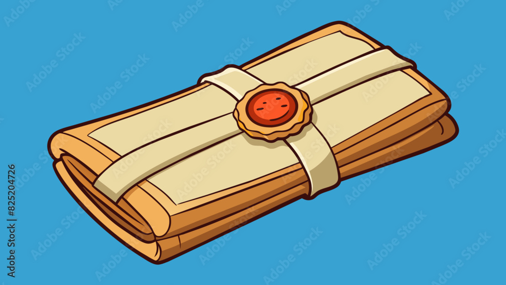 Poster A stiff and rigid form tightly wrapped in strips of papyrus and secured with wax seals depicting symbols of protection and power.. Cartoon Vector.