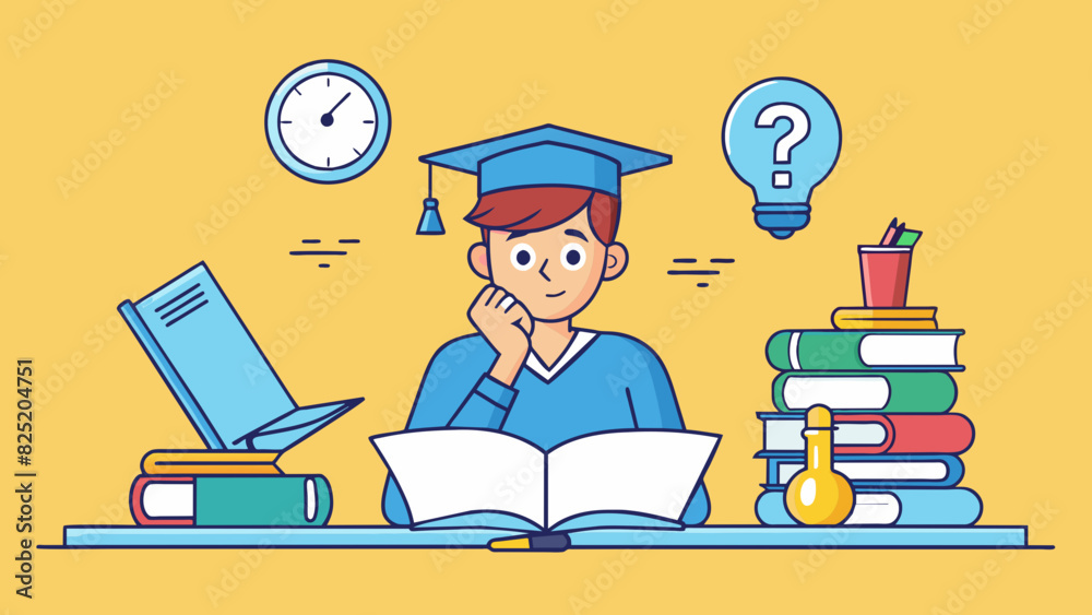 Poster A student diligently studying for hours every day gradually gaining knowledge and understanding in their chosen subject. Their gain is reflected in. Cartoon Vector.