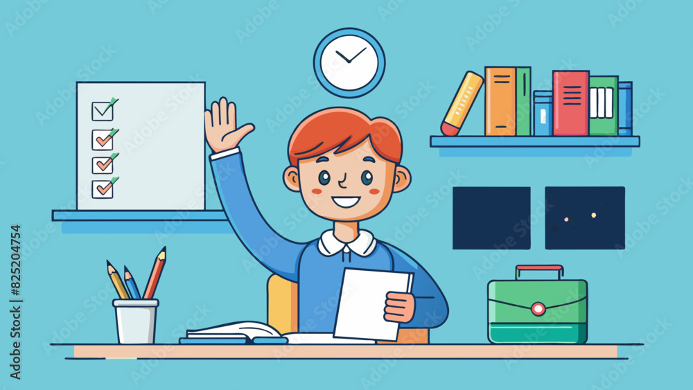 Poster a student eagerly raises their hand in the classroom confident in their answer to a challenging ques