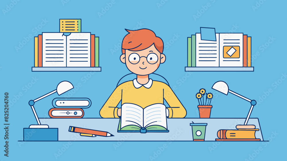 Poster A student sits at a desk surrounded by textbooks and notes diligently preparing for an upcoming exam. They have a neatly organized study guide and a. Cartoon Vector.