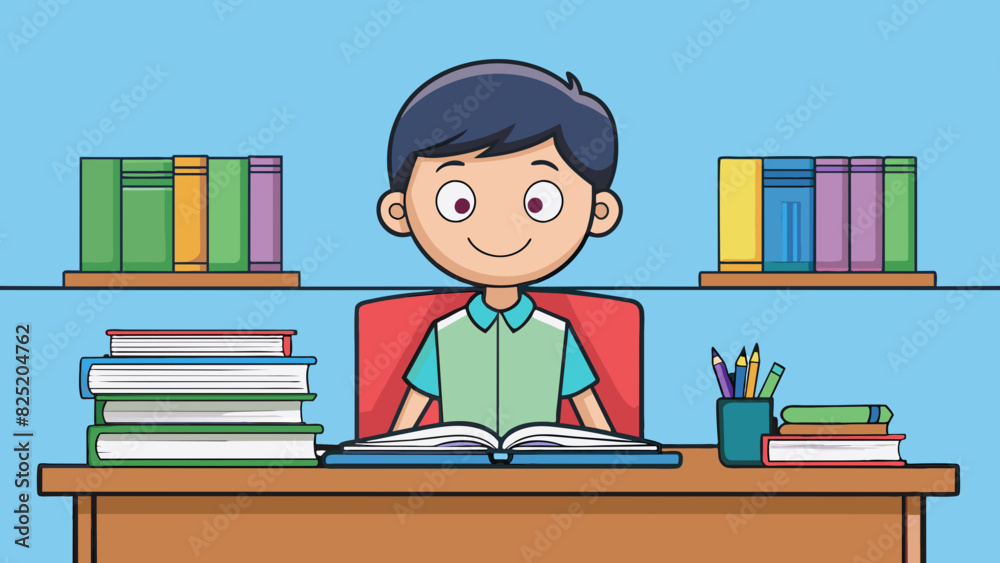 Poster A student sitting at a neatly organized desk filled with textbooks notebooks and colorcoded folders. The desk is situated in the front of the. Cartoon Vector.