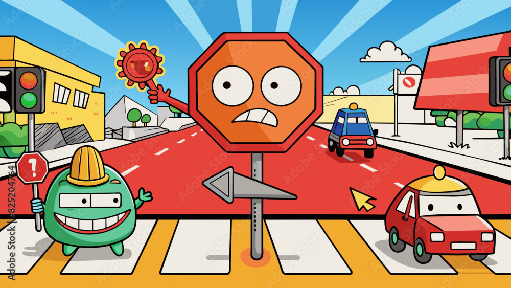 Poster A stop sign at a busy intersection preventing collisions with its bold red color and clear message.. Cartoon Vector.