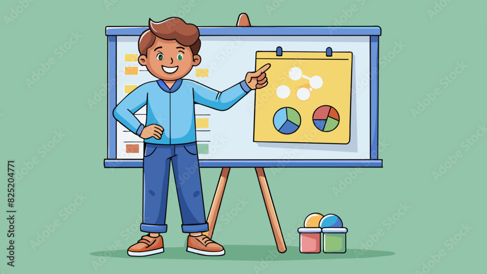 Poster A student standing in front of a whiteboard confidently presenting their project with colorful visual aids and engaging body language.. Cartoon Vector.