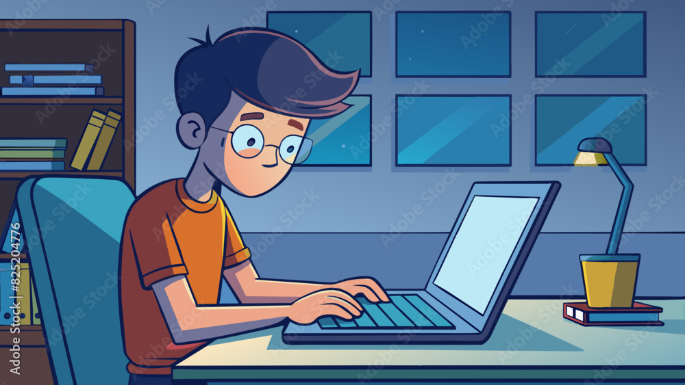 Poster A student typing furiously on their laptop their fingers tapping the keys at a rapid rate as they work to finish an assignment before the deadline.. Cartoon Vector.